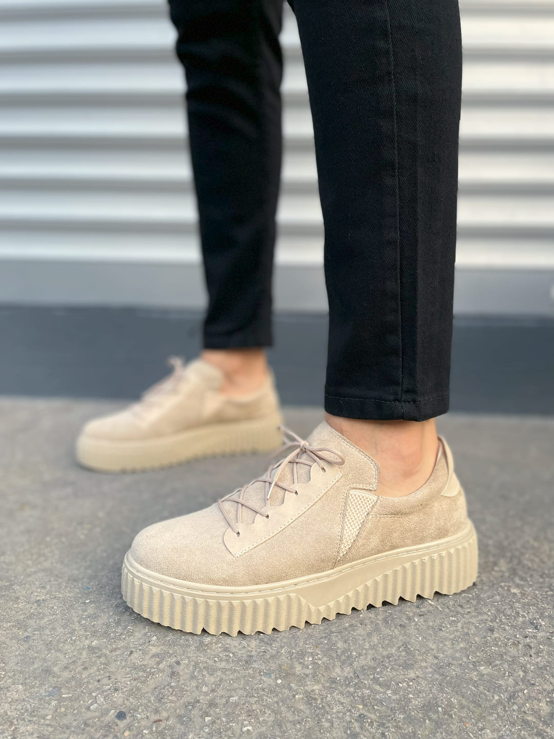 JY502 Bold Bağcıklı Süet Erkek Günlük Sneaker Ayakkabı SKT - Krem - Görsel 2