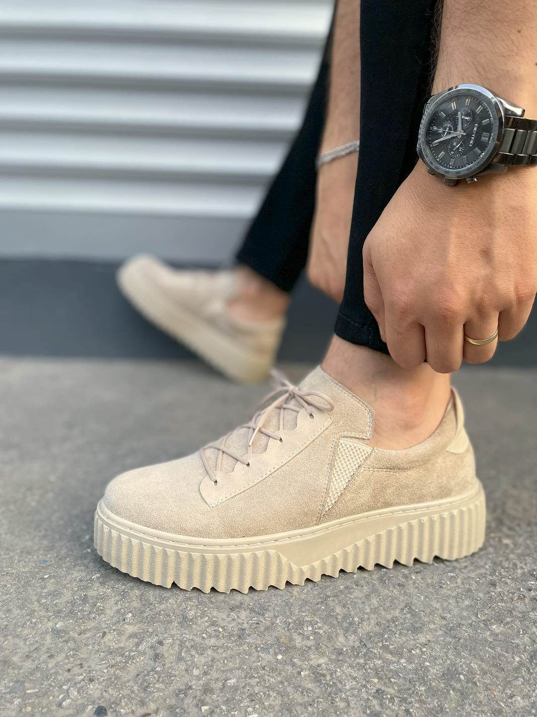 JY502 Bold Bağcıklı Süet Erkek Günlük Sneaker Ayakkabı SKT - Krem - Görsel 3