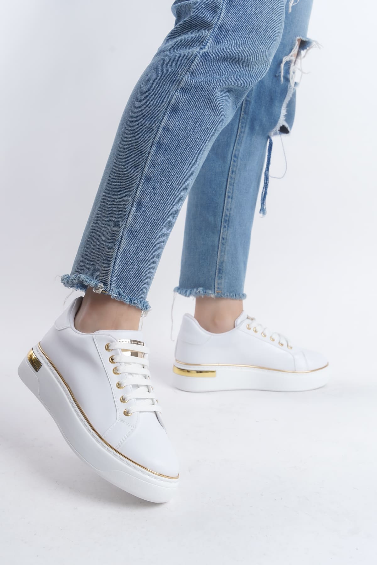 MINA Bağcıklı Ortopedik Taban Kadın Sneaker Spor Ayakkabı  CBT - Beyaz/Altın - Görsel 2