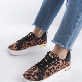 MINA Bağcıklı Ortopedik Taban Leopar Desenli Kadın Sneaker Spor Ayakkabı  TBT - Kahverengi