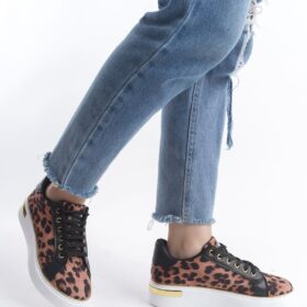 MINA Bağcıklı Ortopedik Taban Leopar Desenli Kadın Sneaker Spor Ayakkabı  TBT - Kahverengi
