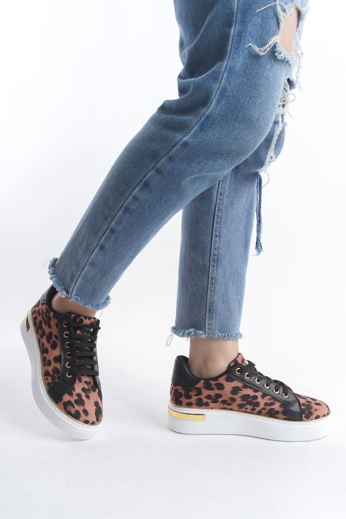 MINA Bağcıklı Ortopedik Taban Leopar Desenli Kadın Sneaker Spor Ayakkabı  TBT - Kahverengi - Görsel 2