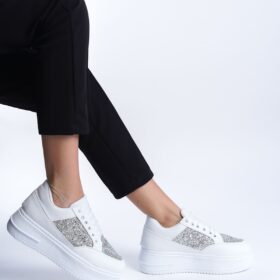 MIPA Bağcıklı Ortopedik Taban Simli Kadın Sneaker Spor Ayakkabı  CBT - Beyaz