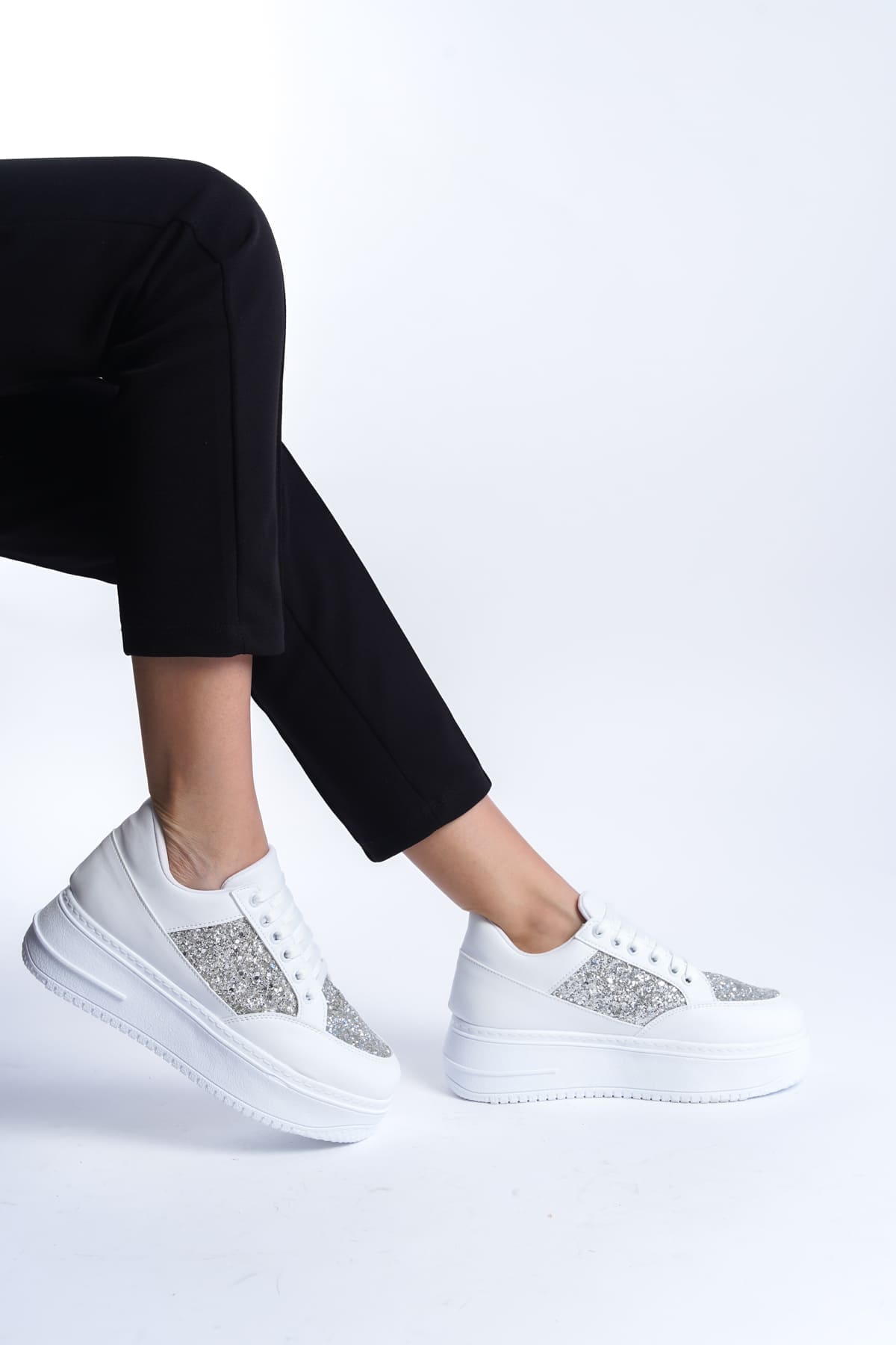 MIPA Bağcıklı Ortopedik Taban Simli Kadın Sneaker Spor Ayakkabı  CBT - Beyaz - Görsel 2
