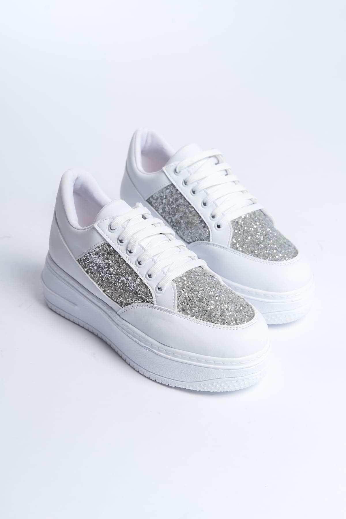 MIPA Bağcıklı Ortopedik Taban Simli Kadın Sneaker Spor Ayakkabı  CBT - Beyaz - Görsel 4