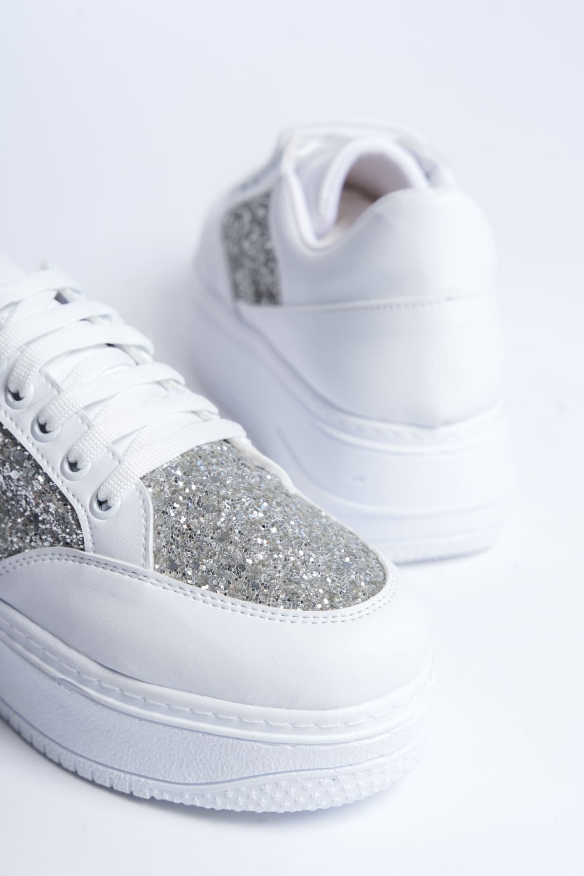 MIPA Bağcıklı Ortopedik Taban Simli Kadın Sneaker Spor Ayakkabı  CBT - Beyaz - Görsel 5