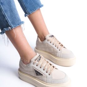 PRAG Bağcıklı Ortopedik Taban Desenli Kadın Sneaker Spor Ayakkabı  CKT - Krem