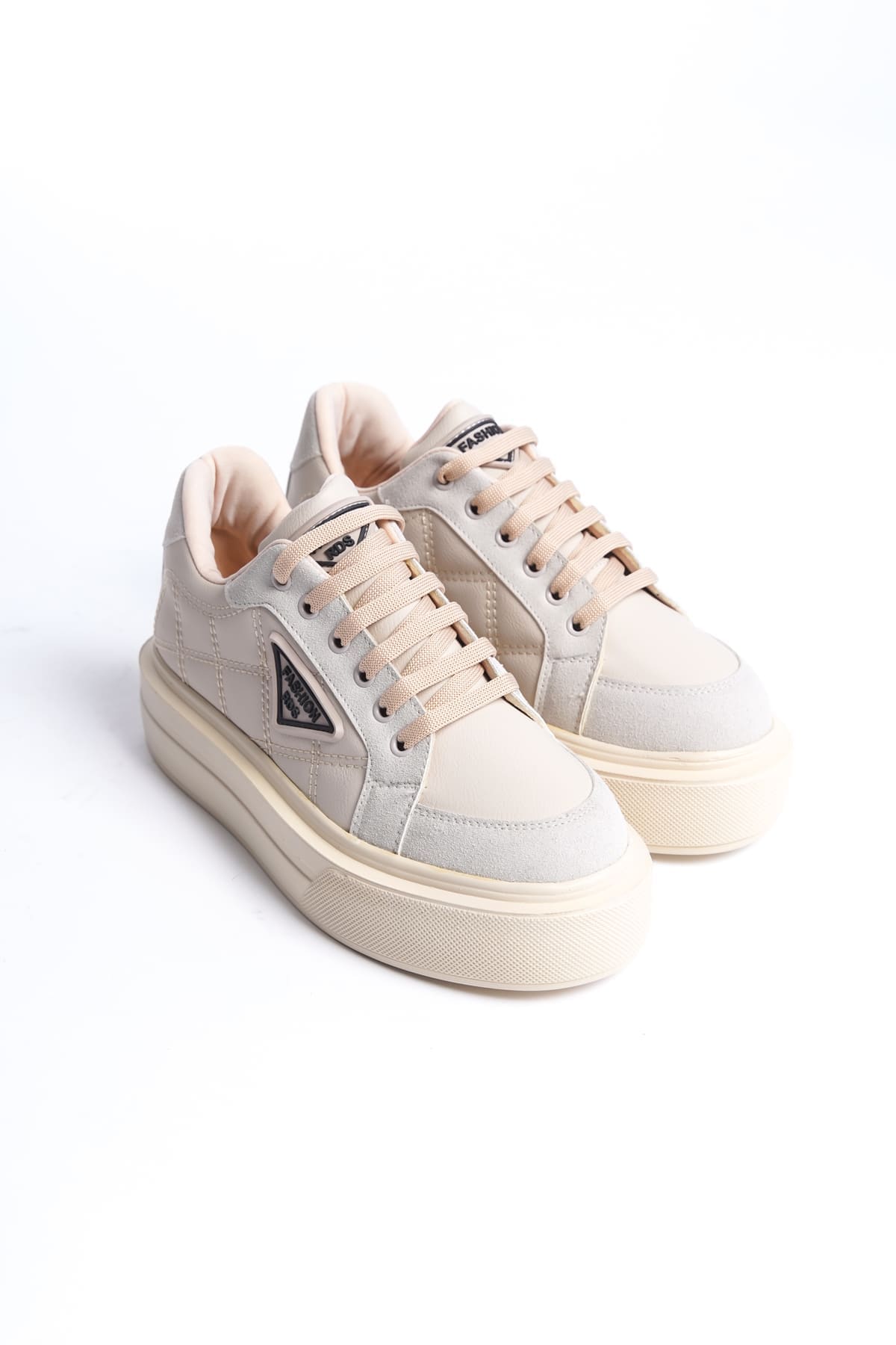 PRAG Bağcıklı Ortopedik Taban Desenli Kadın Sneaker Spor Ayakkabı  CKT - Krem - Görsel 4