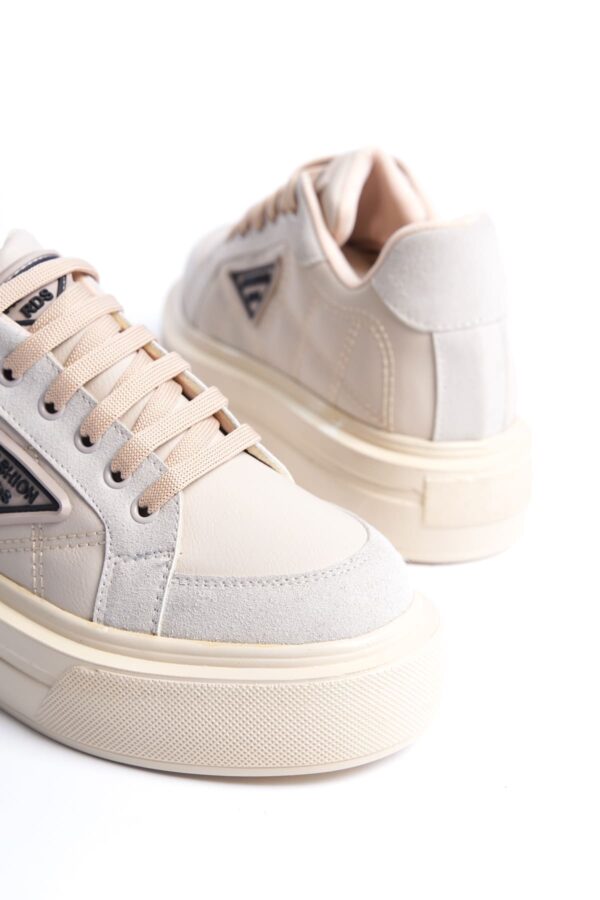 PRAG Bağcıklı Ortopedik Taban Desenli Kadın Sneaker Spor Ayakkabı  CKT - Krem - Görsel 5