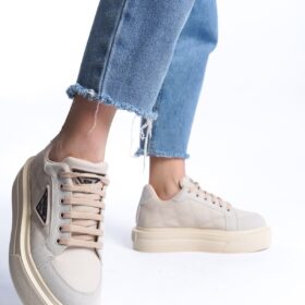 PRAG Bağcıklı Ortopedik Taban Desenli Kadın Sneaker Spor Ayakkabı  CKT - Krem