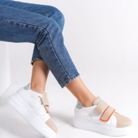 VALENCIA Bağcıksız Cırt Cırtlı Ortopedik Taban Kadın Sneaker Spor Ayakkabı CBT - Beyaz/Ten/Mavi