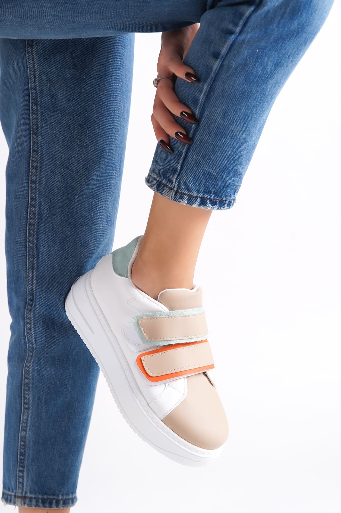 VALENCIA Bağcıksız Cırt Cırtlı Ortopedik Taban Kadın Sneaker Spor Ayakkabı CBT - Beyaz/Ten/Mavi - Görsel 2