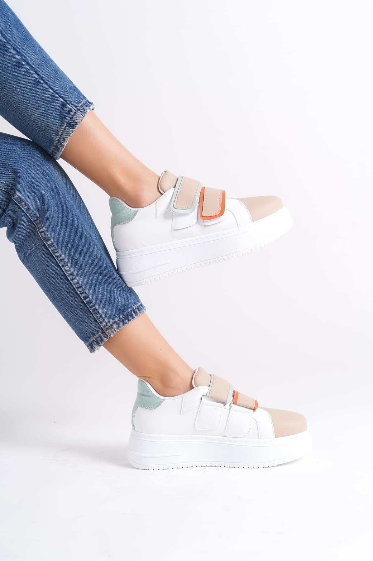 VALENCIA Bağcıksız Cırt Cırtlı Ortopedik Taban Kadın Sneaker Spor Ayakkabı CBT - Beyaz/Ten/Mavi - Görsel 3