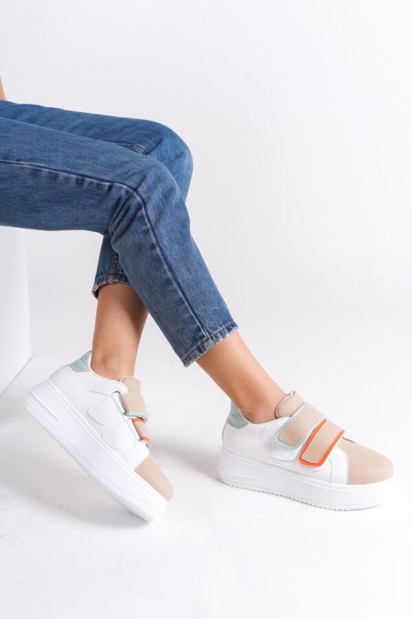 VALENCIA Bağcıksız Cırt Cırtlı Ortopedik Taban Kadın Sneaker Spor Ayakkabı CBT - Beyaz/Ten/Mavi