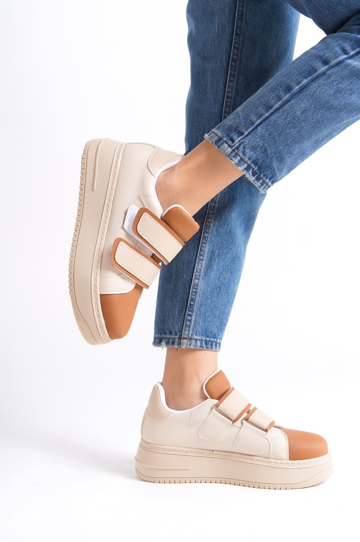 VALENCIA Bağcıksız Cırt Cırtlı Ortopedik Taban Kadın Sneaker Spor Ayakkabı CTT - Ten/Kahve - Görsel 2