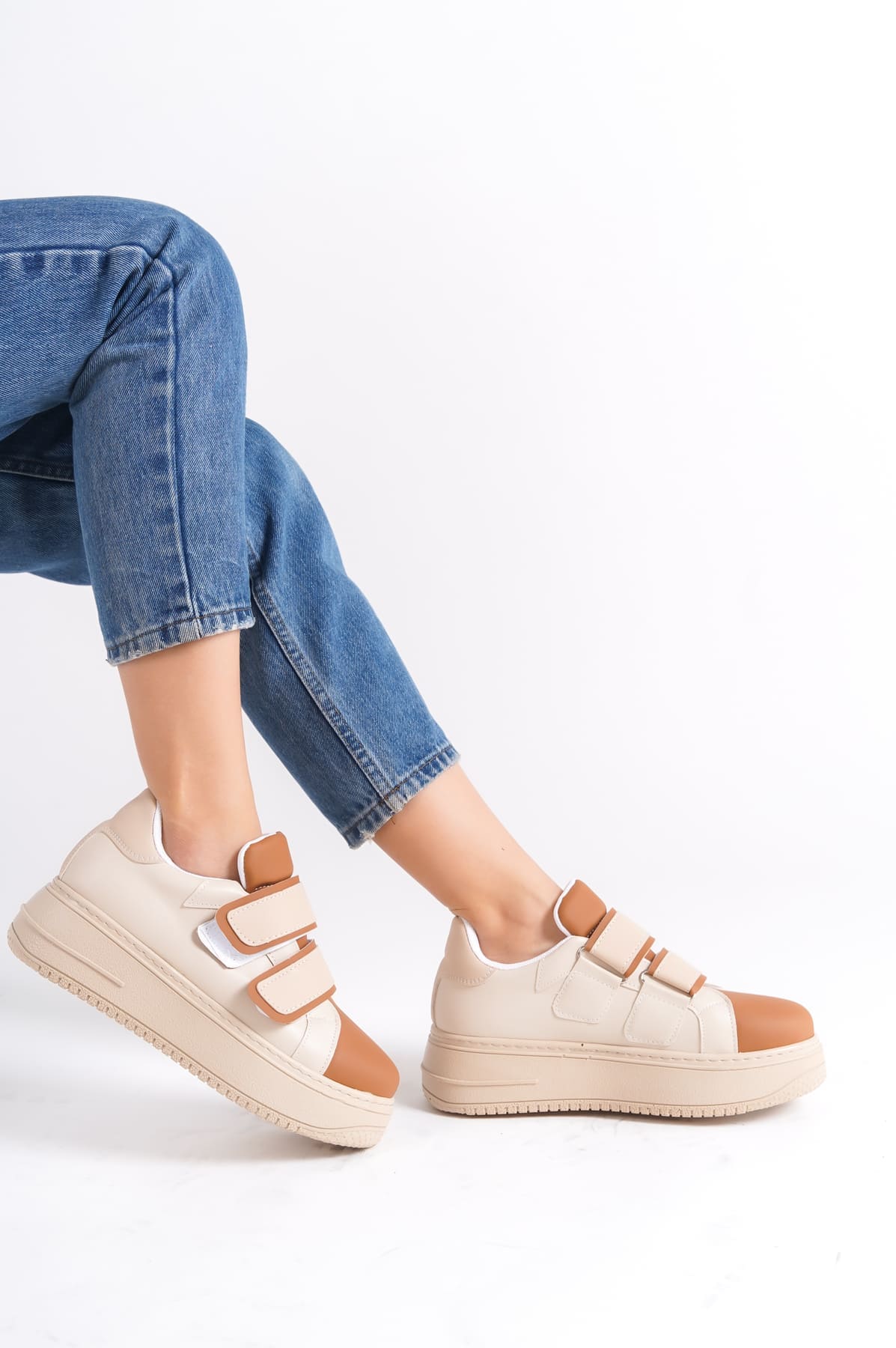 VALENCIA Bağcıksız Cırt Cırtlı Ortopedik Taban Kadın Sneaker Spor Ayakkabı CTT - Ten/Kahve - Görsel 3